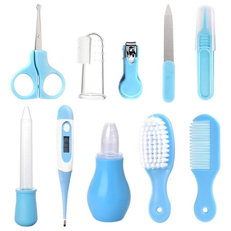 Baby Healthcare and Grooming Kit 10 in 1 Baby Infant Health Care Set Baby Comb Brush Finger Toothbrush Nail Clippers Scissors Nasal Aspirator Baby Essentials Nursery Care Kit (Blue)