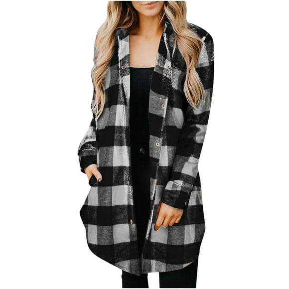 IROINID Women's Overcoat Long Sleeve Plaid Turndown Lapel Outwear, Casual Autumn and Winter Plaid Shirt Medium Coat Pocket Plaid Shirt