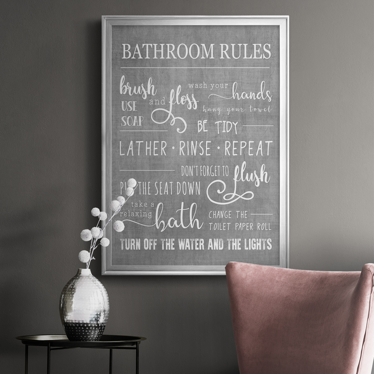 Neutral Bathroom Rules Premium Framed Print - Ready to Hang