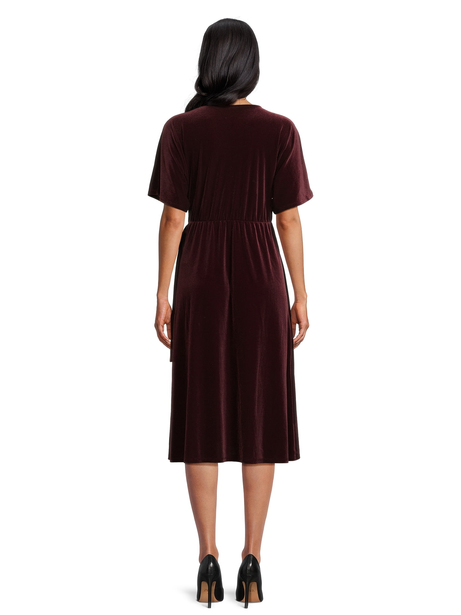 Time and Tru Women's Velvet Wrap Midi Dress with Short Sleeves, Sizes XS-XXXL