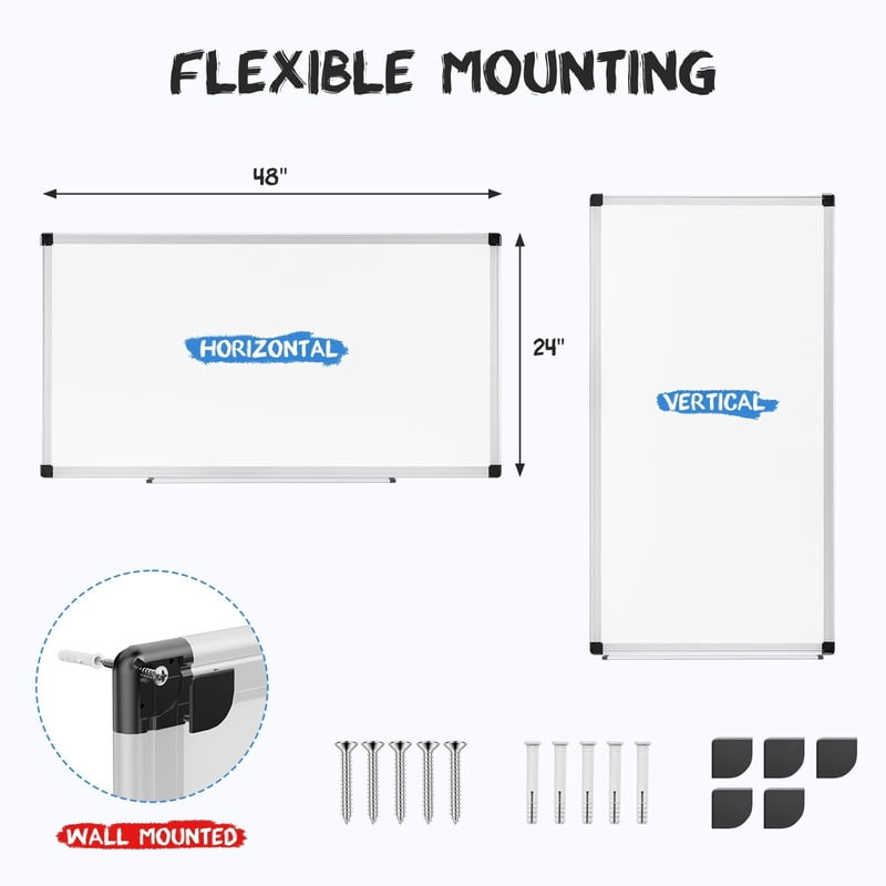 Kelno 48"x24" Magnetic White Board Wall Mount Dry Erase Board with Smooth Surface Aluminum Pen Tray, White