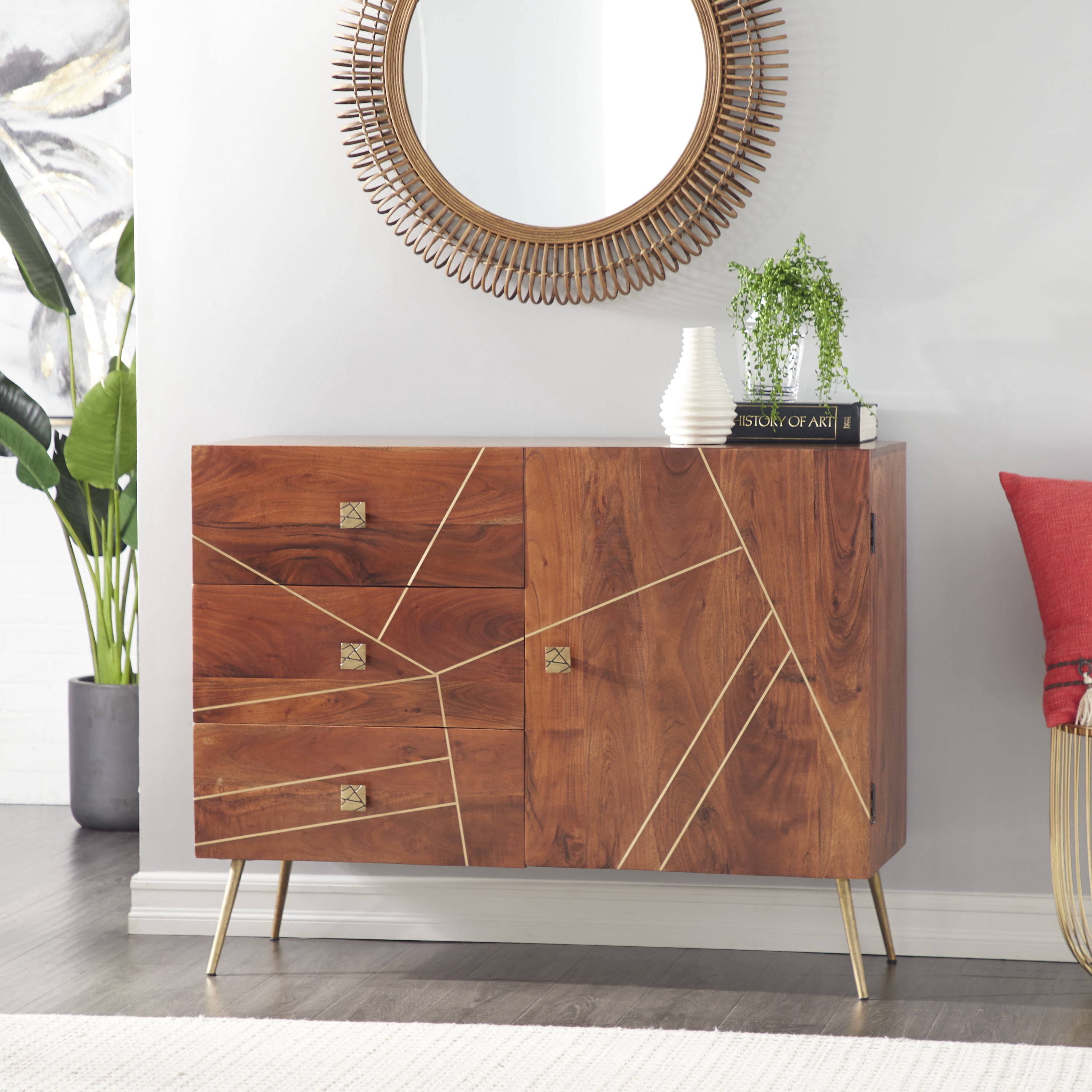 DecMode 46" x 36" Brown Metal 3 Drawers 1 Shelf and 2 Doors Buffet with Gold Inlay, 1-Piece