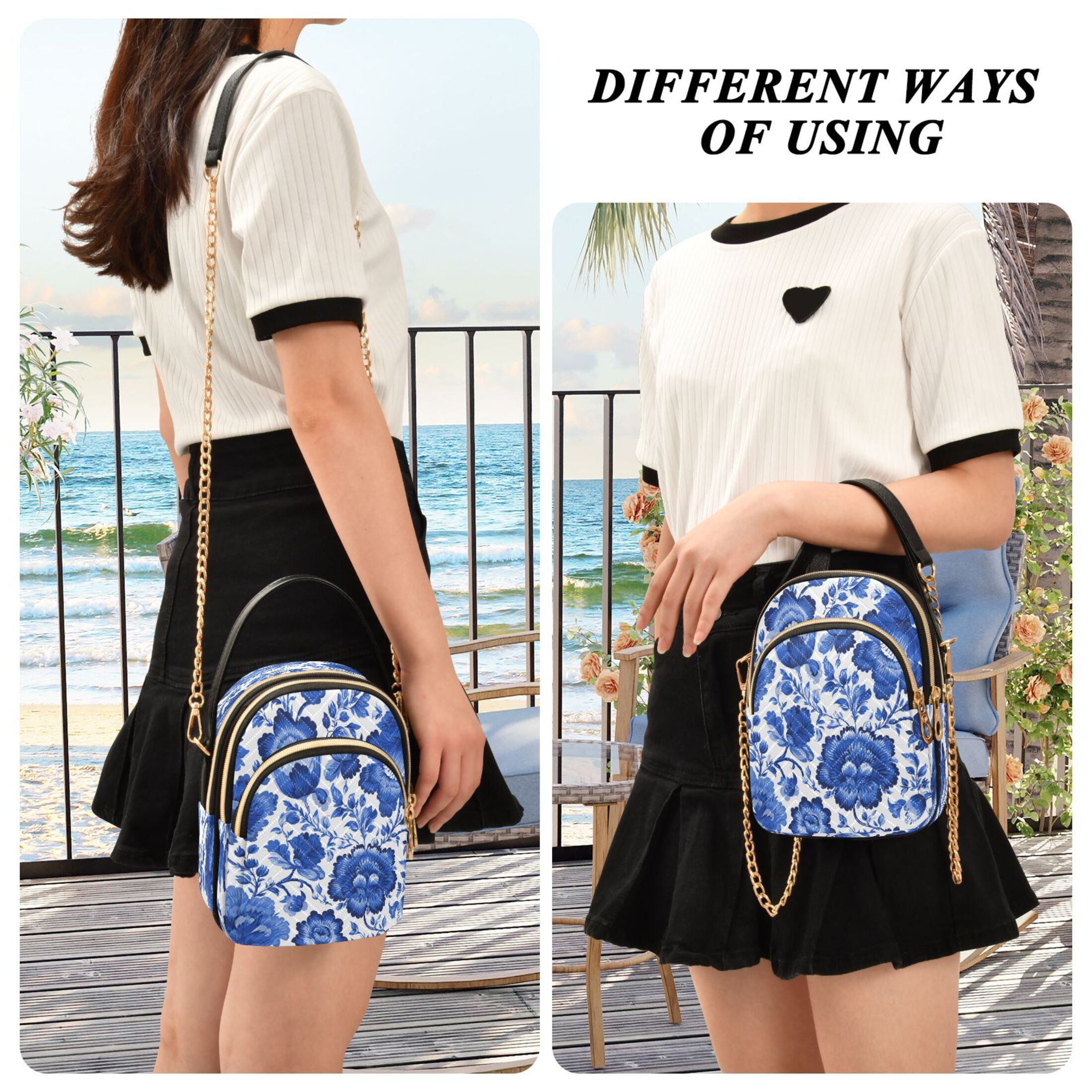 Quilted Women's Crossbody Bag Purses and Handbags with Detachable Leather Strap Blue Floral Pattern