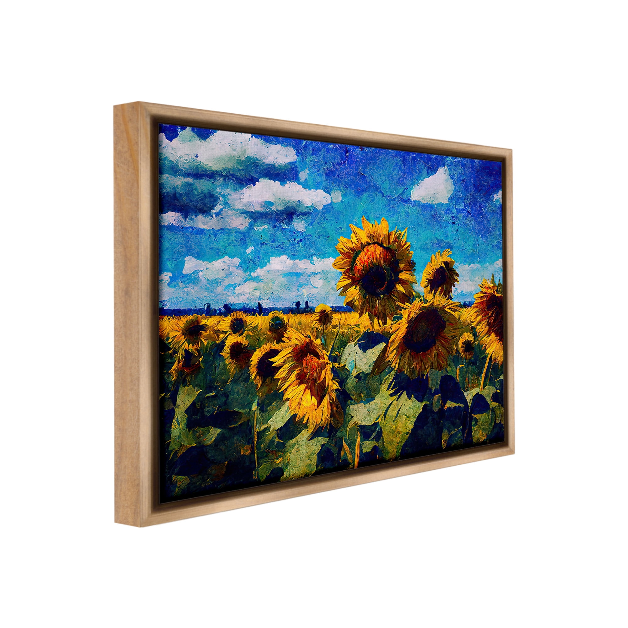 Stupell Industries Sunflower Field & Clouds Landscape Painting Brown Floater Framed Canvas Art Print Wall Art, 31 x 25