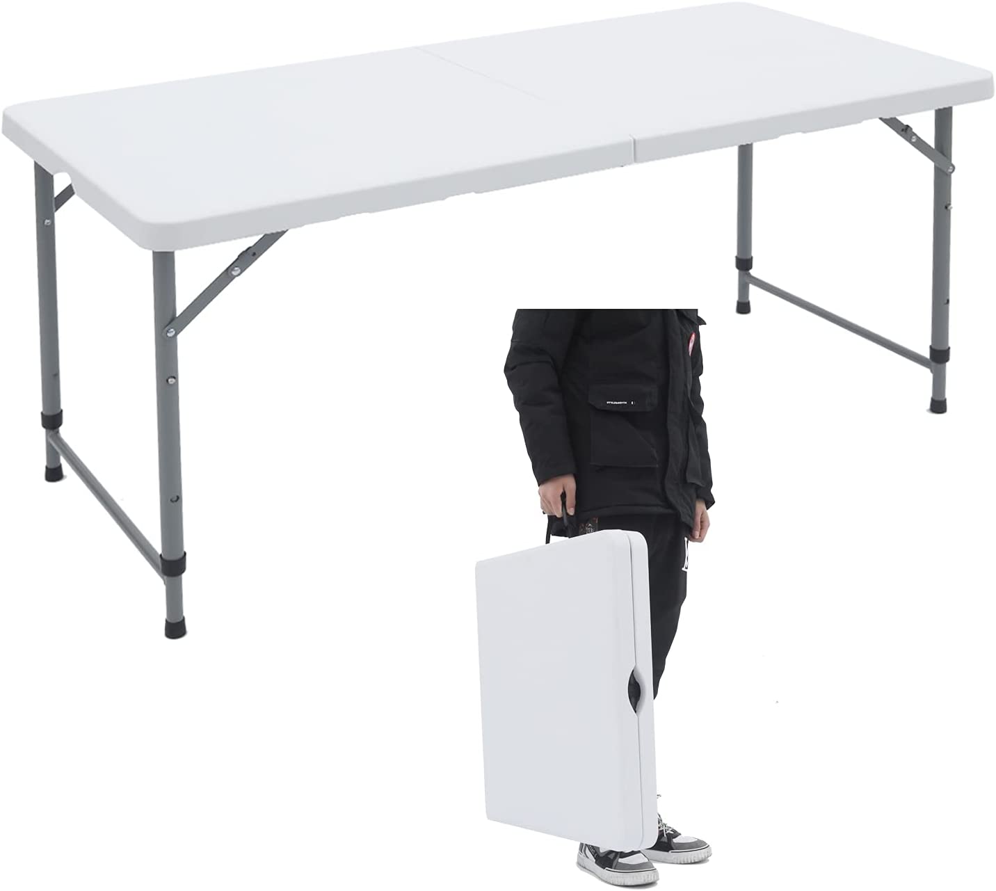 HOUSNIFLEX 4FT Folding Camping Table Adjustable Height 23 29in Heavy Duty Portable Table Waterproof HDPE Fold in Half for Picnic Indoor White
