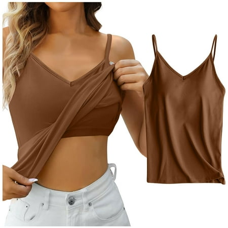OJSFQUFP Womens Camisole Tops Brown Womens Solid Camisoles Tops with Built In Padded Bra Basic Breathable Tank Tops Vest Cool breathable camisole vest Soft sexy vest XL