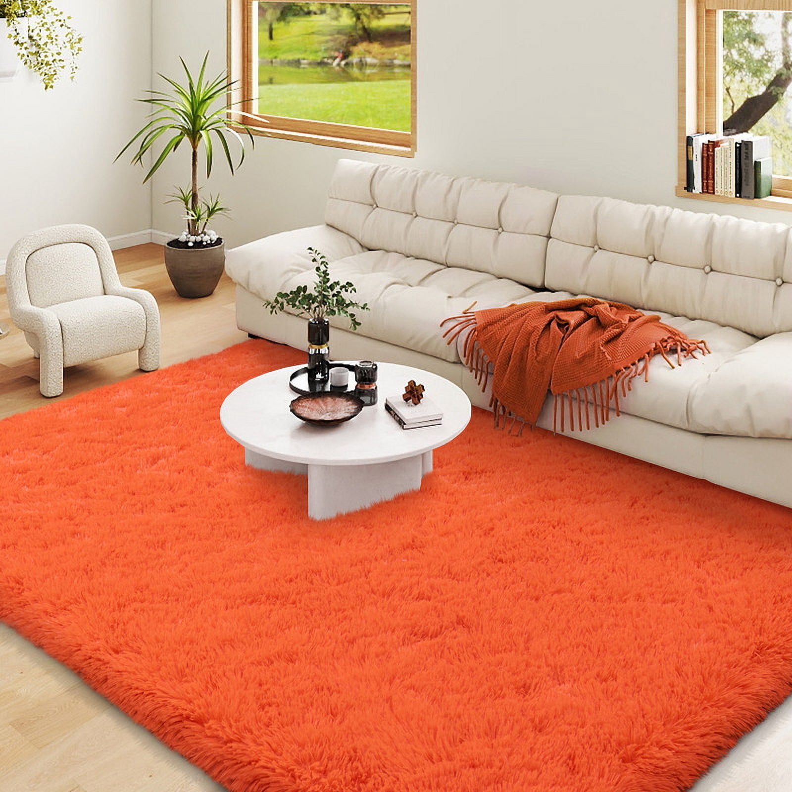 SARAG Indoor Outdoor Rugs 4x6ft Area Rugs For Living Room, Large Fluffy Black Rugs For Bedroom, Soft Carpet Shag Kids Room Rug, Non-Slip Stickers Rugs Indoor Orange