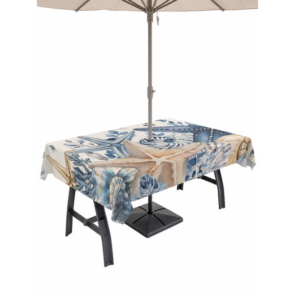 Outdoor Tablecloth with Umbrella Hole & Zipper, Blue Starfish Coastal Rectangle Tablecloth 60x84 Inch, Eucalyptus Summer Nautical Shell Rustic Patio Table Cover Waterproof Table Cloth for Picnic