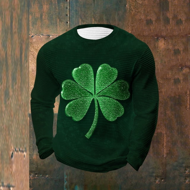 Ceisia Men's St. Patrick's Day Glitter Six-Petal Shamrock Waffle Knit Top | Long Sleeve Crew Neck Casual Tee Gifts