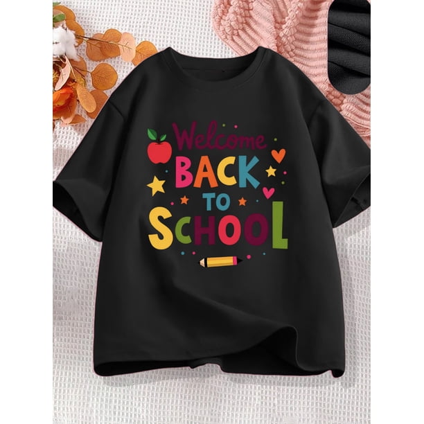 Girls' "Welcome Back to School" Graphic T-Shirt - 100% Cotton Casual Short Sleeve Round Neck Tee with apple & Pencil Design, Lightweight Summer Top for Back to School, Cute T Shirts