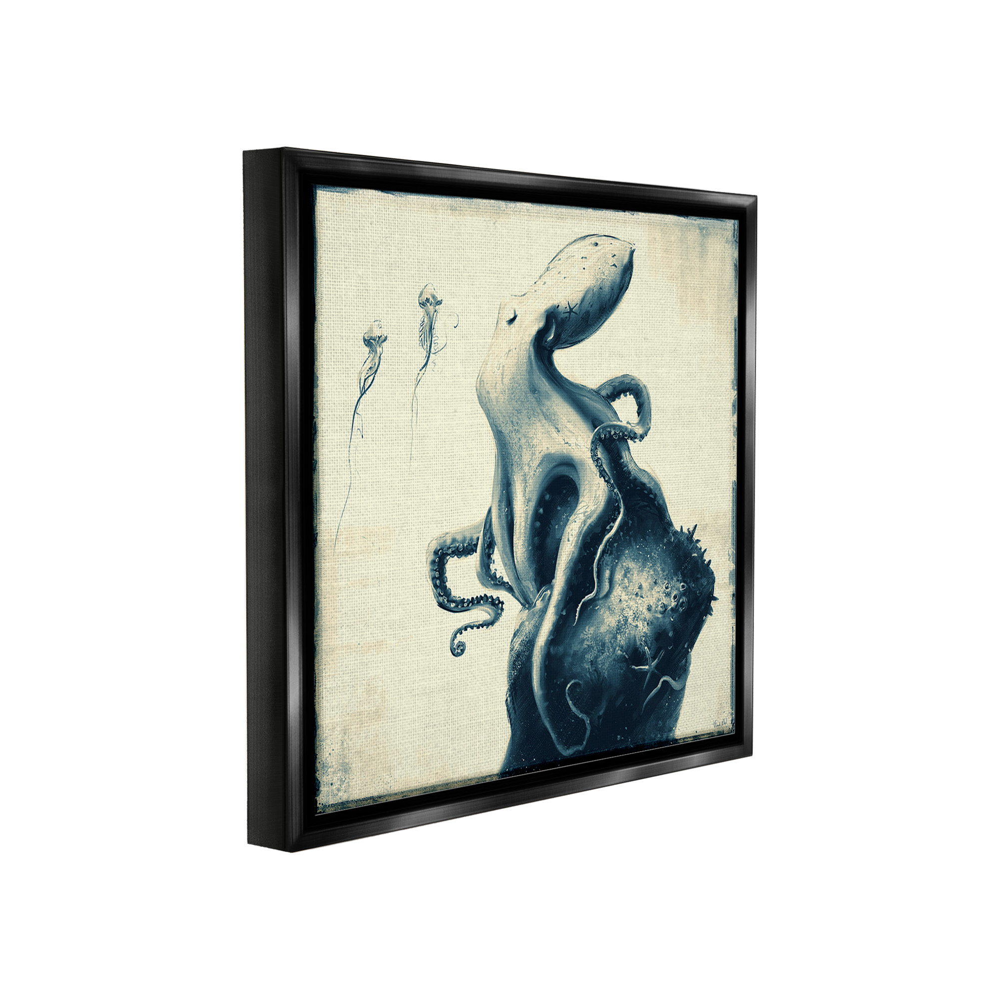 Stupell Industries Vintage Octopus & Jellyfish Animals & Insects Painting Black Floater Framed Canvas Art Print Wall Art, 25 x 25
