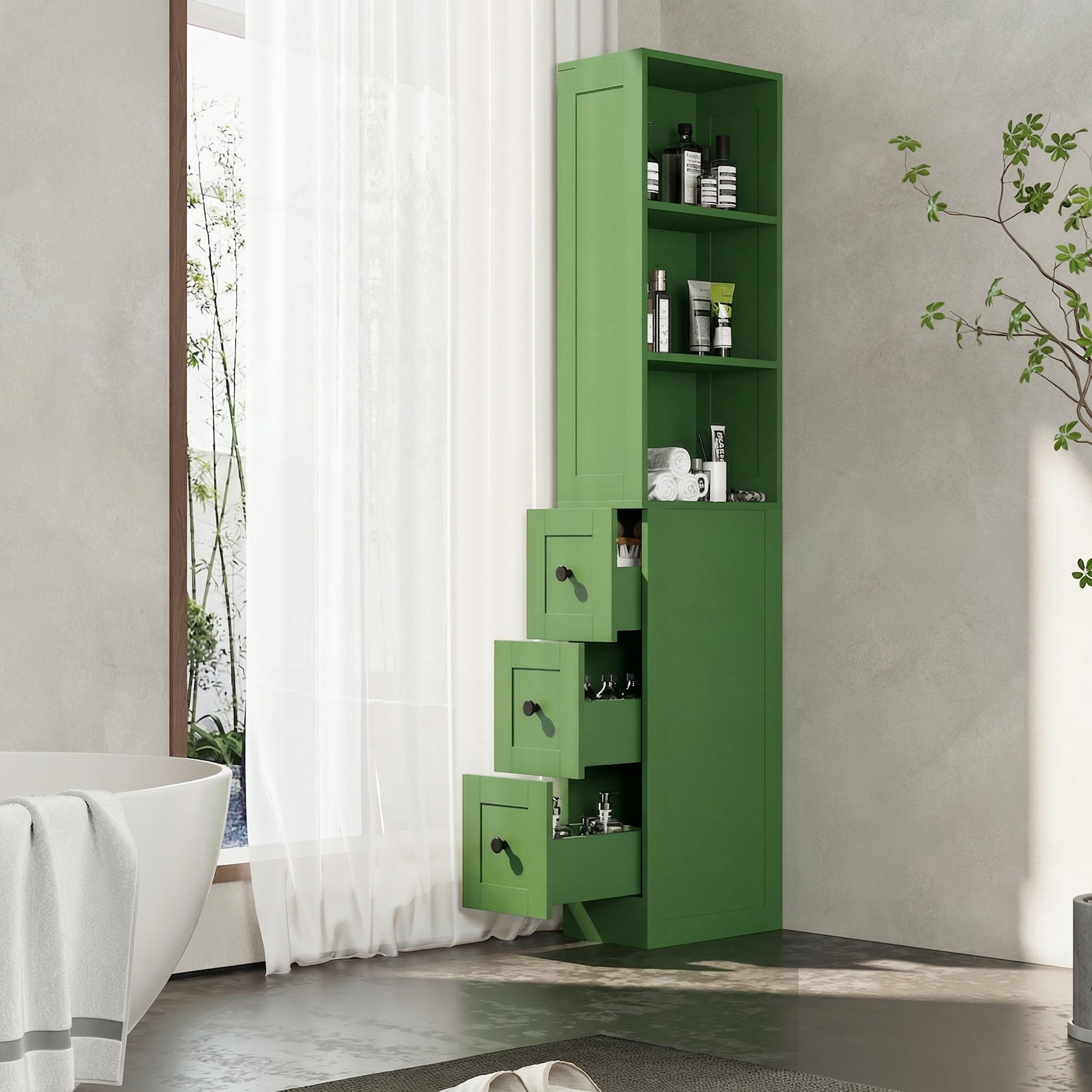 KAMEROUT Tall Slim Storage Cabinet with 2 Adjustable Shelves & 3-level Drawers for Bathroom, Kitchen, Green
