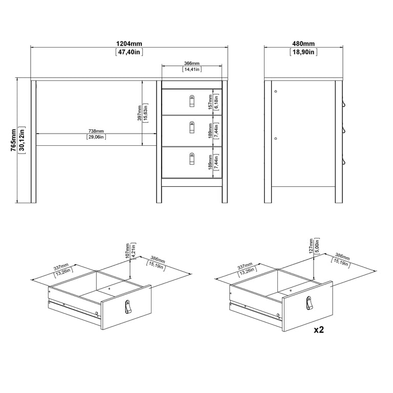Tvilum Madrid Home Office Writing Desk with 3 Storage Drawers for