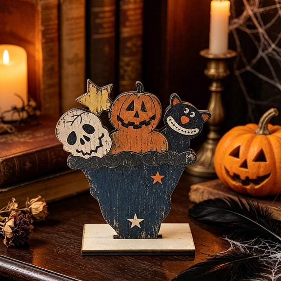 Vintage Distressed Halloween Tabletop Decor, Spooky Pumpkin Ghost Figurine 5 Inches, Rustic Centerpiece for Home Shelf Mantel Party Decor, Wood