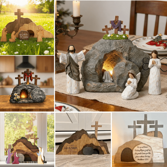 Easter Decor​ Wooden Cross Tomb "He is Risen" Scripture Set Resurrection Theme Holiday Display, Religious Home Altar Accent