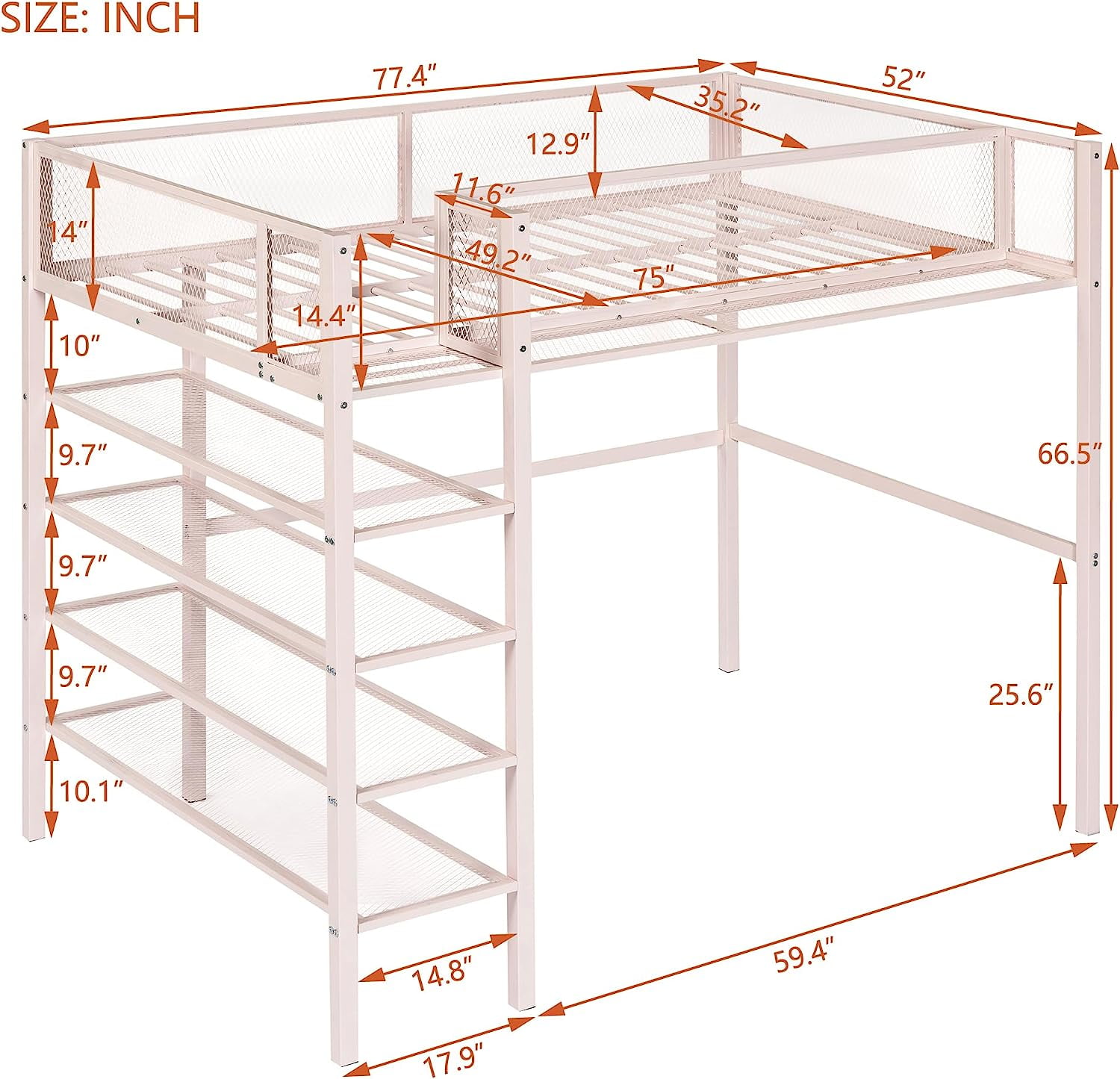 DEALTOPS Twin Size Metal Loft Bed with 4-Tier Shelves and Storage - Pink