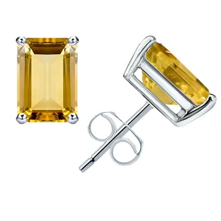 1.1 Ct Yellow Citrine Gemstone Birthstone 925 Sterling Silver Stud Earrings Emerald-Cut 6x4mm For