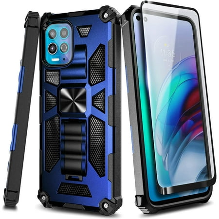 Nagebee Case for Motorola Moto G100 / Moto Edge S with Tempered Glass Screen Protector (Full Coverage), Full-Body Protective Shockproof [Military-Grade], Built in Kickstand Case (Blue)