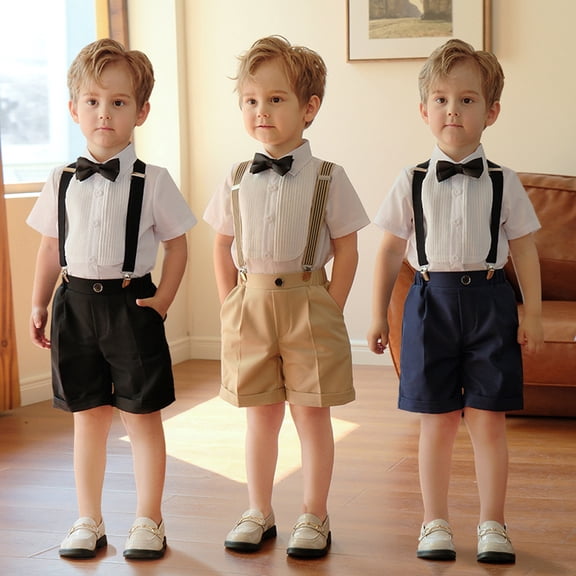 LYMAYTER Baby Kids Formal Tuxedo Suit Set Short Sleeve Shirt Shorts Bow Tie Suspenders Wedding 1-15Y