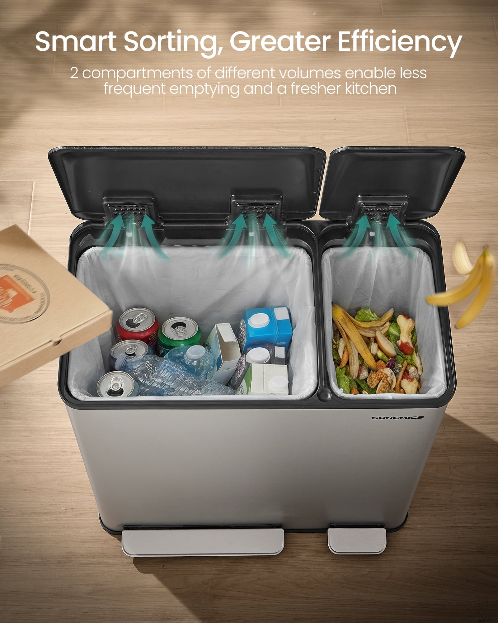 SONGMICS Kitchen Dual Trash Can, 13 + 5.3 Gallon 2-Compartment Trash Bin,Stainless Steel Garbage Can, Pedals, Soft-Close Lids, Inner Buckets, Silver