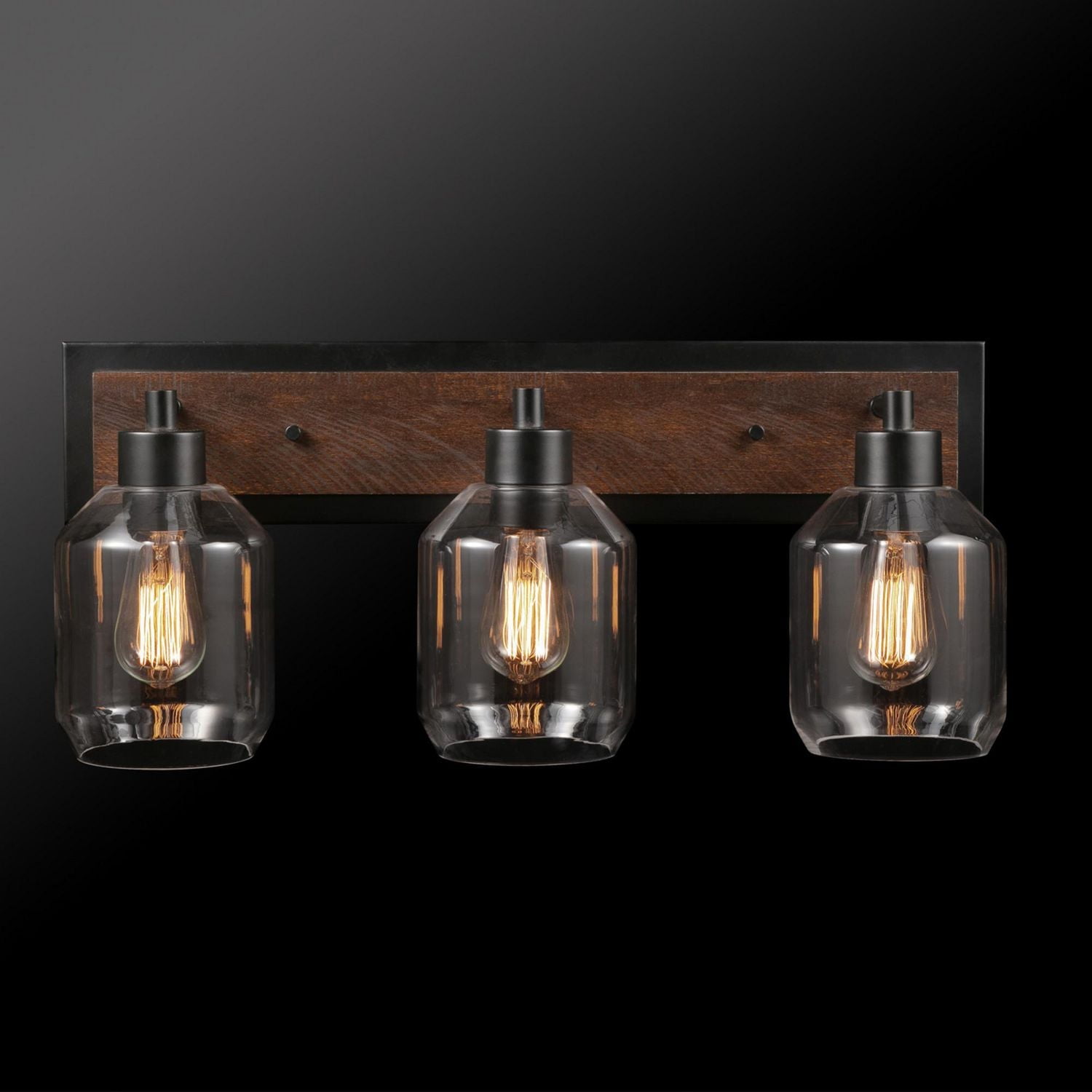 Globe Electric Williamsburg 3-Light Metal Vanity Light, Matte Black, Faux Wood Accent, Clear Glass Shades, 51708