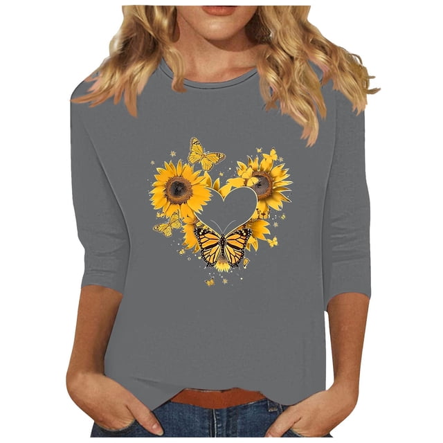 Tnhcen Chemises à Manches 3/4 Col Rond Imprimé Floral Automne pour Femmes - Basiques Décontractés Grande Taille P-3TG