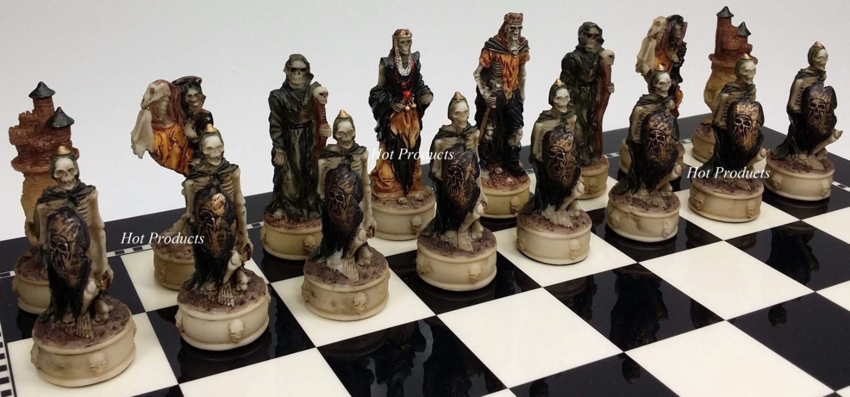 Medieval Times Skeleton Slayer Gothic Skull Chess Set W/ 15" BLACK  WHITE Board