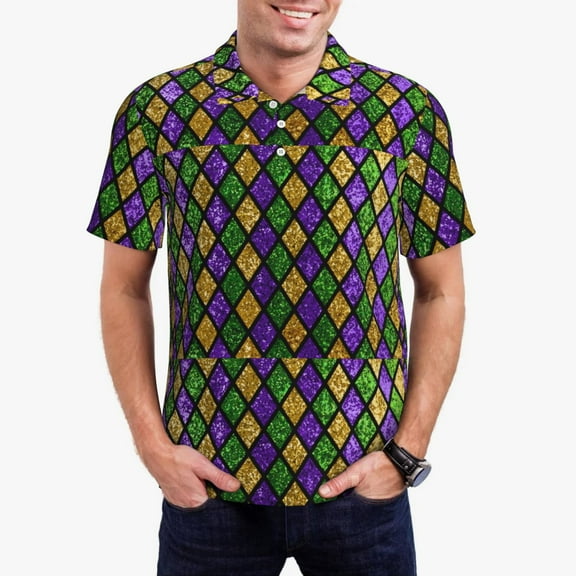 Rateoe Mardi Gras Shiny Green Purple Pattern Men's Short Sleeve Polo Shirts, Golf Polo Shirts Short Sleeve Performance Moisture Wicking Dry-Small