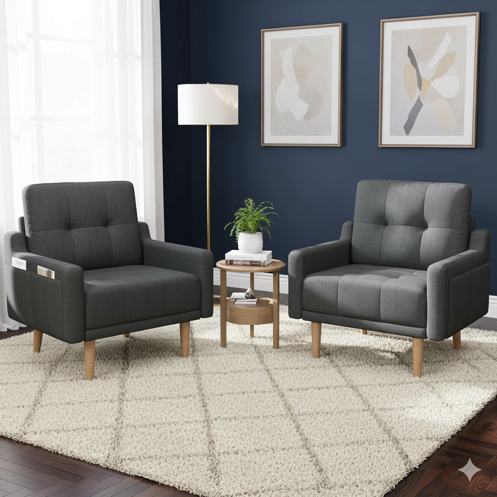 Mid Century Modern Accent Chair Reading Chair with Wood Legs, Upholstered Armchair Fabric Single Sofa Chair for Living Room & Bedroom (Dark Gray)