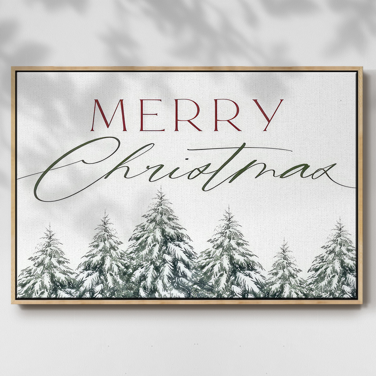 Merry Christmas Trees - Framed Gallery Wrapped Holiday Canvas - 27 x 41 - Natural Wood Frame