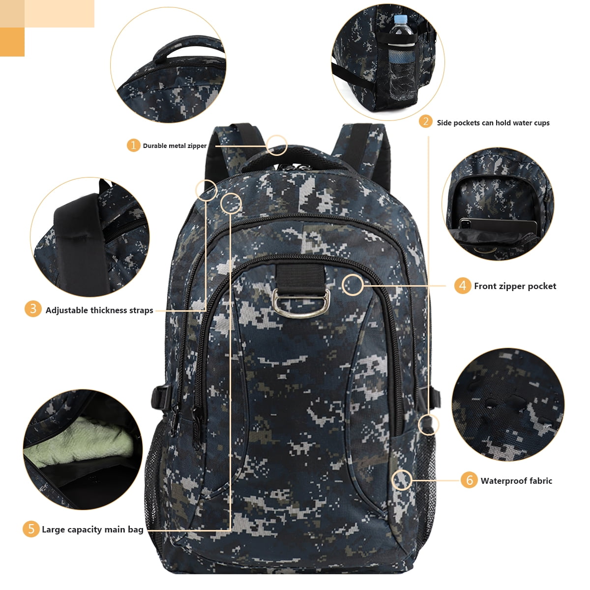 30L Travel Backpack for Men & Women,Water-Resistant Lightweight Camo Backpack Hiking Work School Daily Bag,8076 Navy