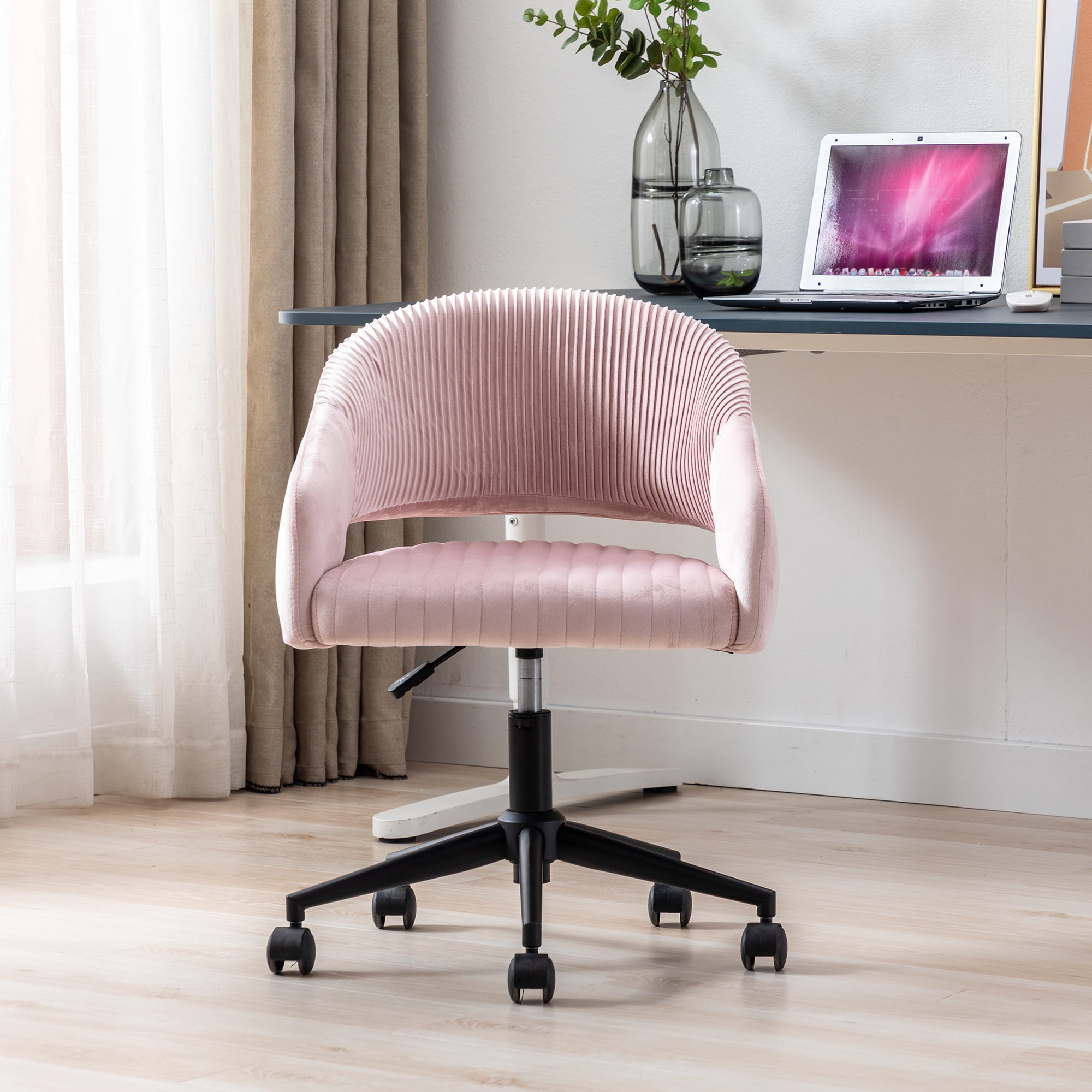 Pink Computer Chair, Large Velvet Fabric Swivel Task Chair for Home