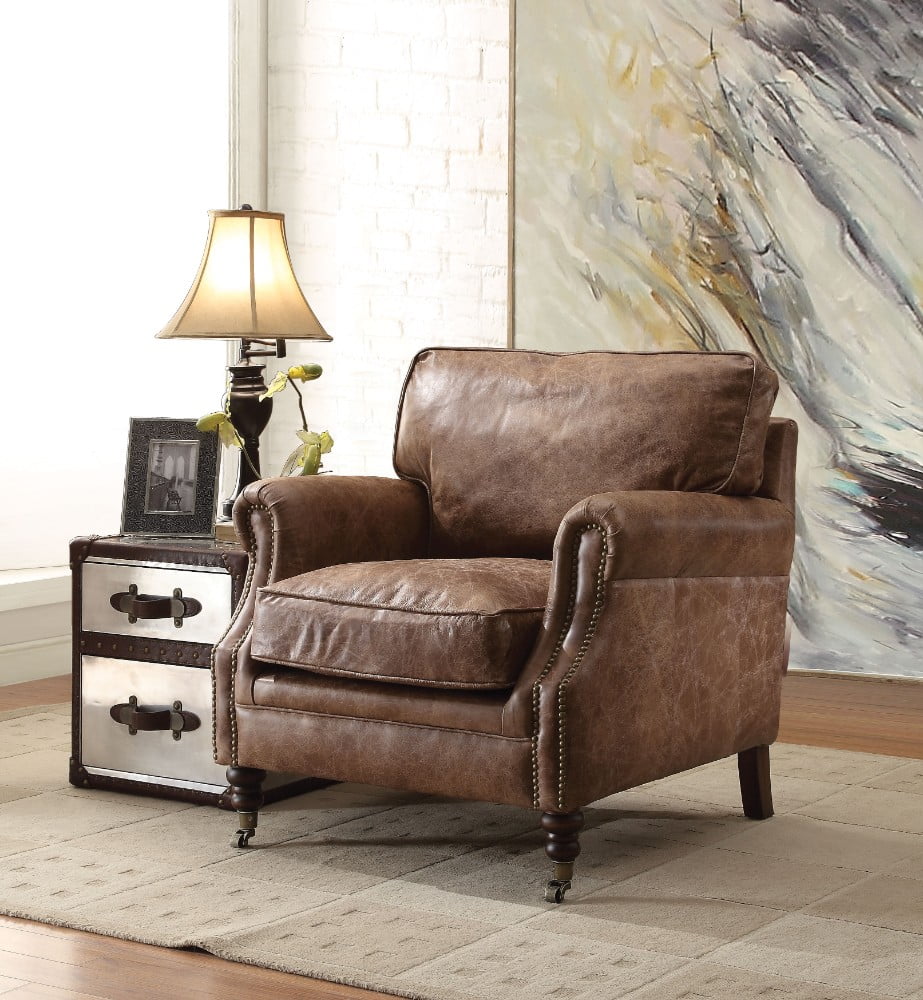 Wood & Leather Accent Chair, Retro Brown Top Grain Leather