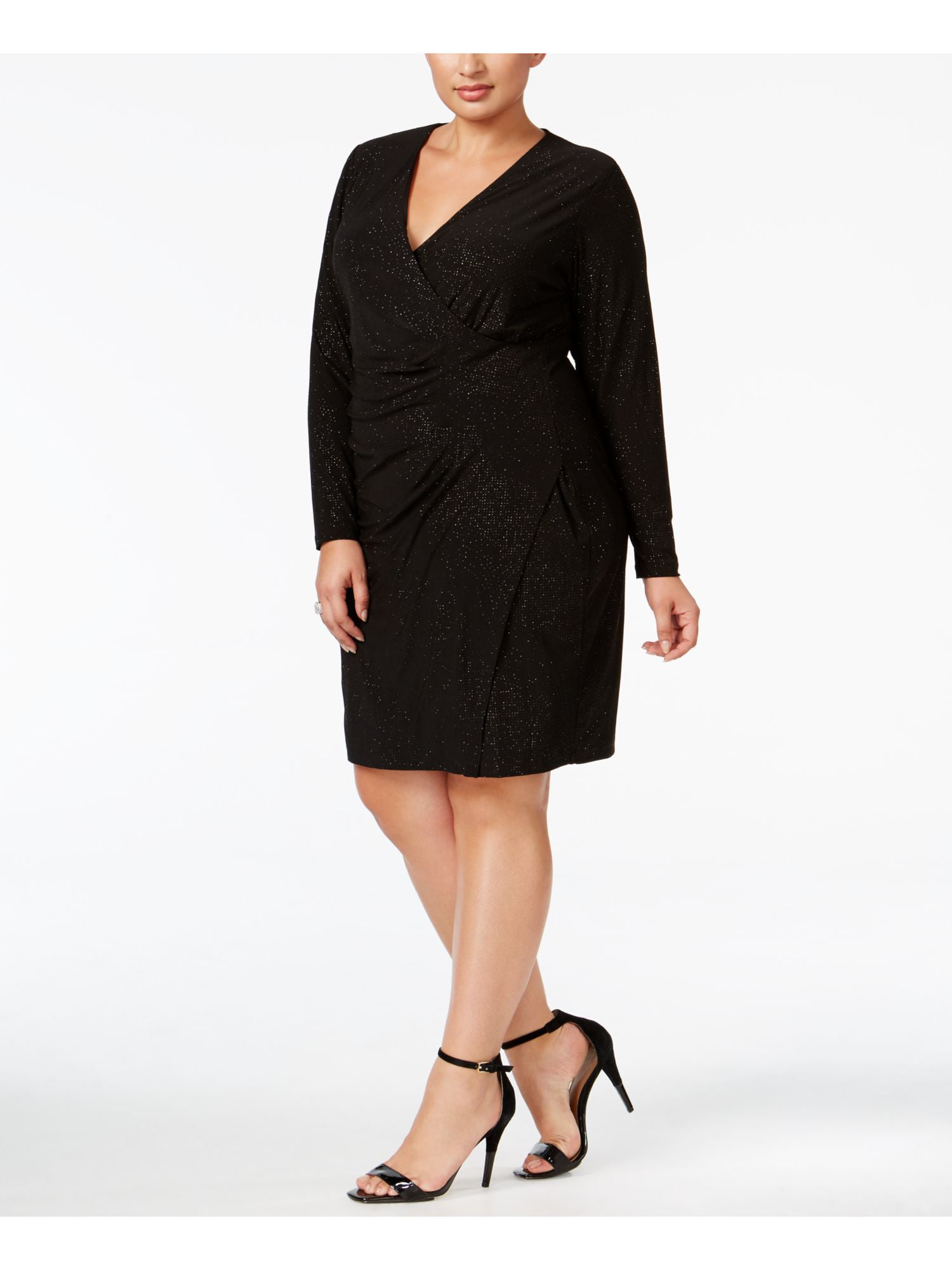 CALVIN KLEIN Womens Black Glitter V Neck Faux Wrap Dress Plus Size: 16W -  