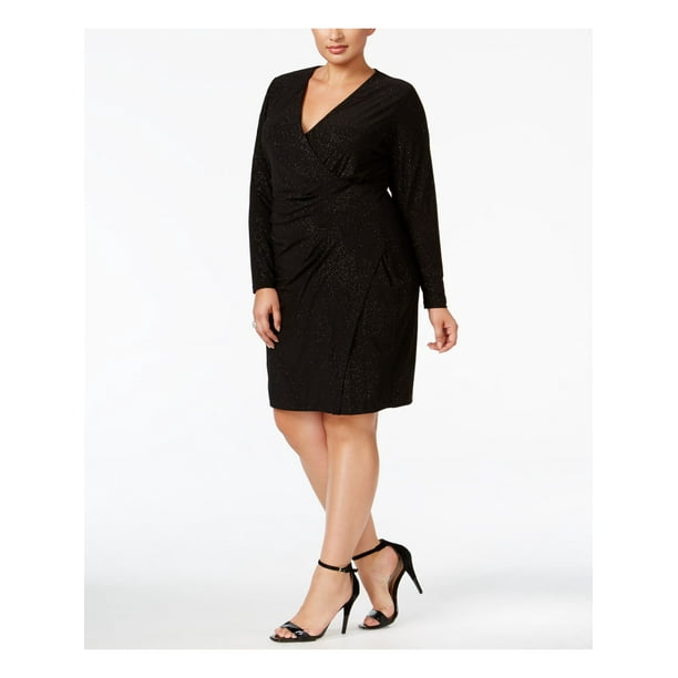 CALVIN KLEIN Womens Black Glitter V Neck Faux Wrap Dress Plus Size: 16W -  
