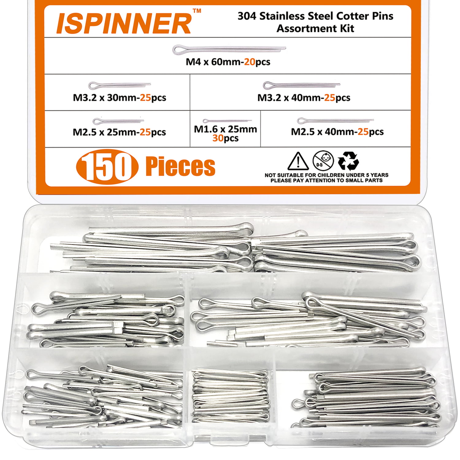 ISPINNER 150pcs 304 Stainless Steel Cotter Pin Clip Key Fastner Fitting Assortment Kit 