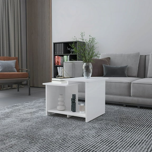 Modern Coffee Table with Geometric Design & Open Storage in Melamine White for Living Room