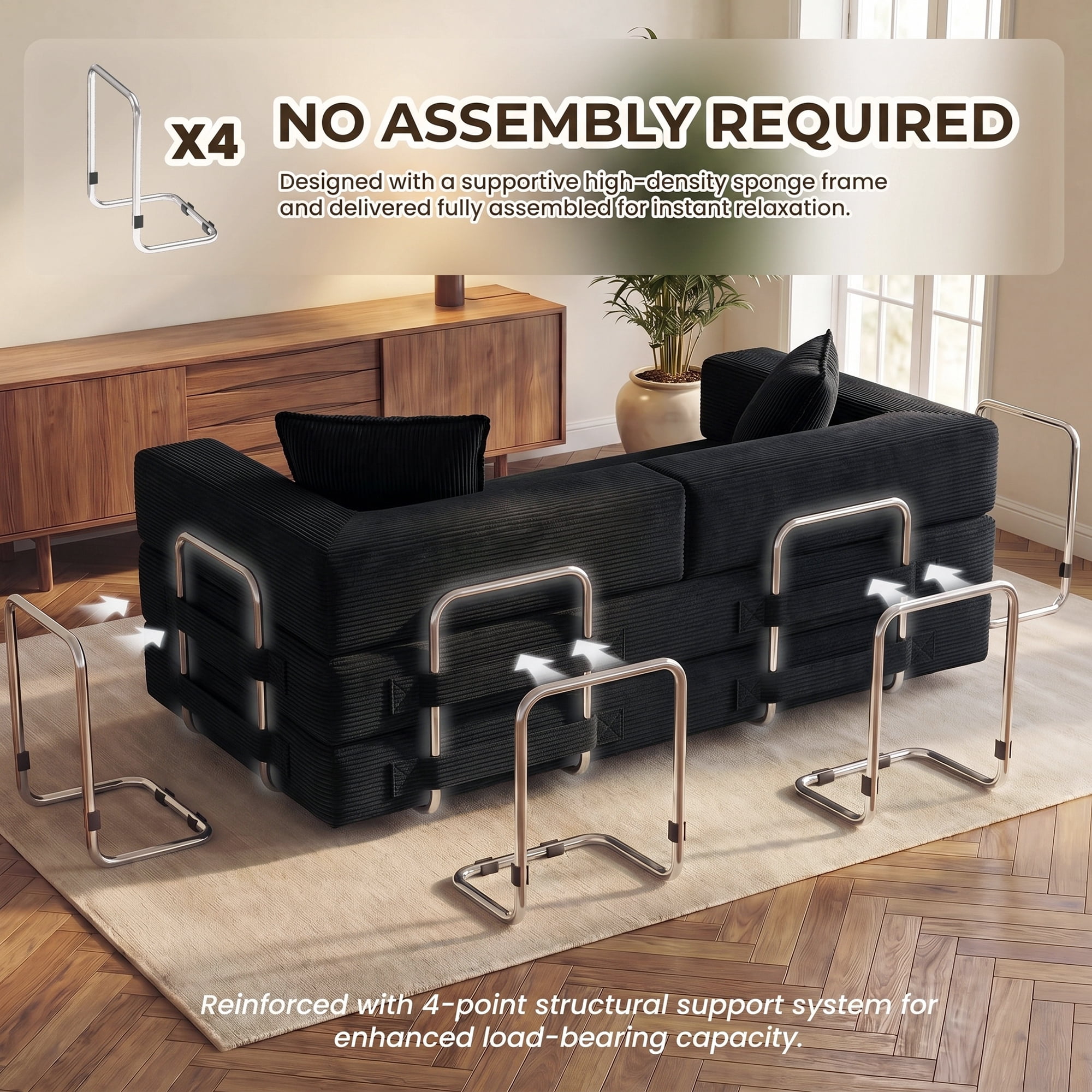 Aukfa 79" Convertible Futon Sofa Bed with Fixed Frame, 5-in-1 Boneless Couch for Living Room, Corduroy, Black