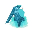 thumbnail image 3 of TSSOE Kids Girls Sequin Ballet Dance Dress One Shoulder Long Sleeve Gymnastic Leotard Jazz Cha Cha Ballroom Costume Blue Green 10, 3 of 5