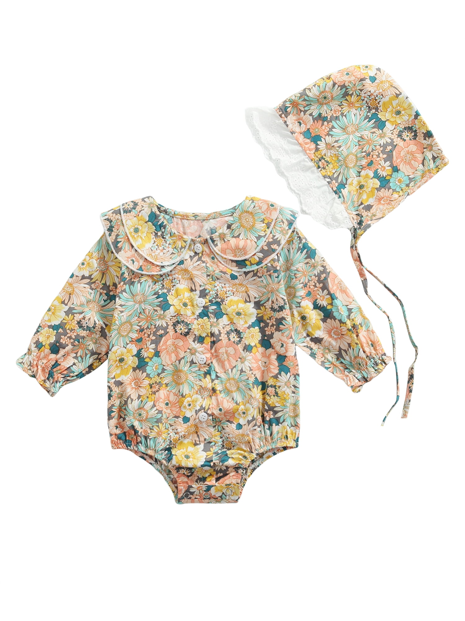 Newborn Toddler Infant Baby Girl Long Sleeve Floral Romper Jumpsuit Hat Clothes 