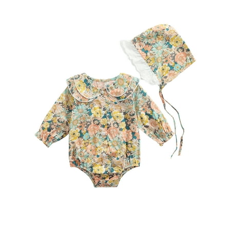 

Binpure Baby Girls Two-piece Clothes Set Floral Printed Pattern Long Sleeve Romper and Cap