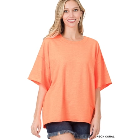Zenana Plus Cotton French Terry Drop Shoulder Raw Edge Relaxed Casual Solid Tee Shirt Top price history on PriceWatchPro