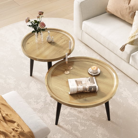 Natural Nesting Round Coffee Table, Living Room Modern Wood Coffee Table, 23.6''D & 18.9''D