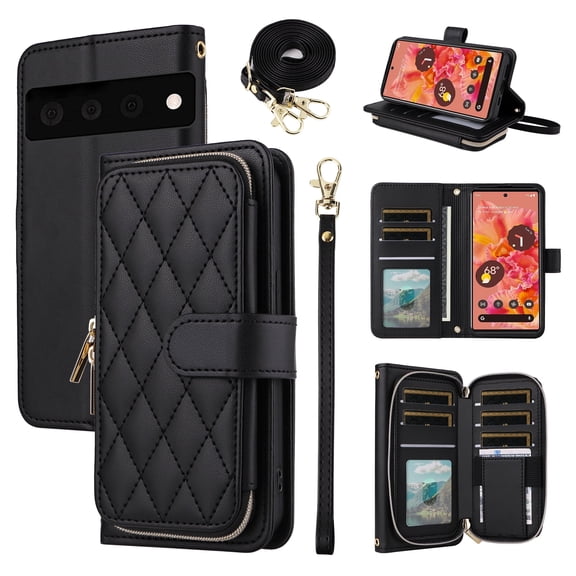 Furiet Wallet Case for Google Pixel 6 with Detachable Wrist/Crossbody Shoulder Strap Card Slots, Zipper Purse Luxury PU Leather Card Holder Stand Cell Phone Cover for Pixel6 Pixle Six Women Black