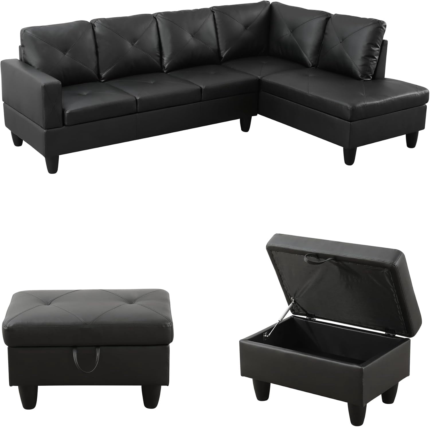 3-Piece L-Shaped Sectional Sofa with Movable Chaise & Storage Ottoman, Faux Leather Living Room Modular Convertible Couches Set for Home Apartment Office, Black
