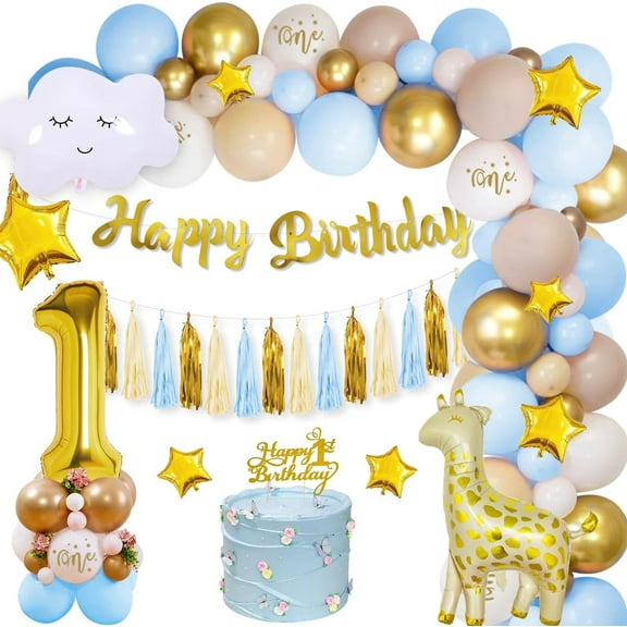 1st Birthday Decoration for Boys, First Blue Gold Balloon Arch Kit, Photo Banner, Confetti Foil Balloons, Paper Tassels, Party Decoration for Baby Shower Boys