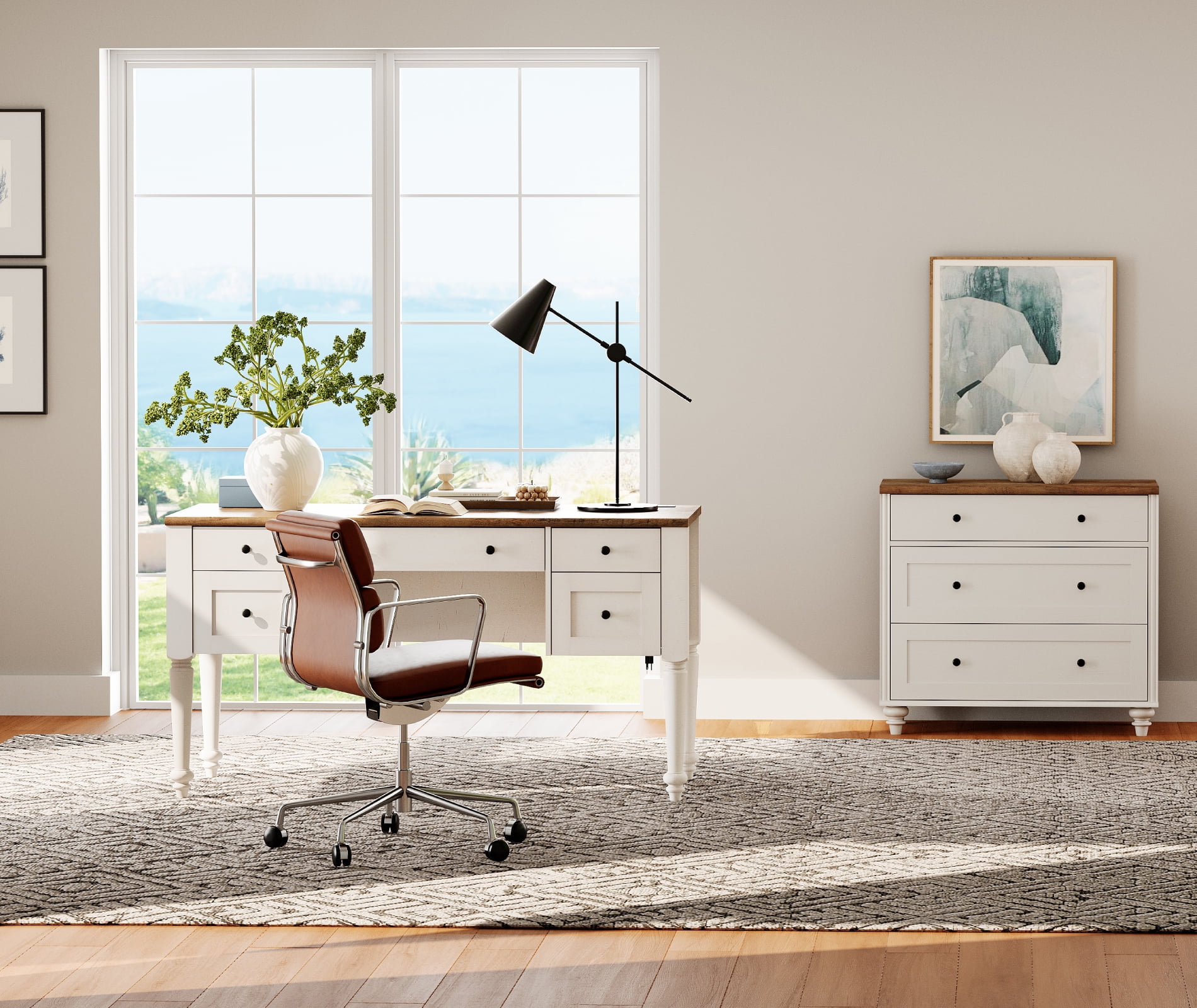 White Home Office Furniture Set, 56" Executive Desk with Charging Station, Farmhouse Cabinet with 3 Wooden Drawers, Wood Computer Desk with File Cabinet Storage, Open Shelf