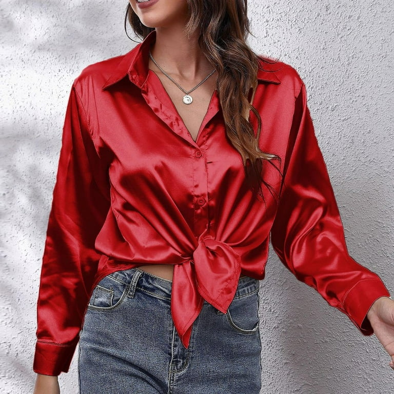 Loose Fit T Shirts for Women Cotton Pajama Shirt Women Satin Shirt Women's  Satin Imitation Silk Long Sleeved Shirt European And American Foreign Trade  Border Women's Clothing Tops for Leggings 