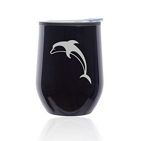 

Stemless Wine Tumbler Coffee Travel Mug Glass With Lid Dolphin (Midnight Black)