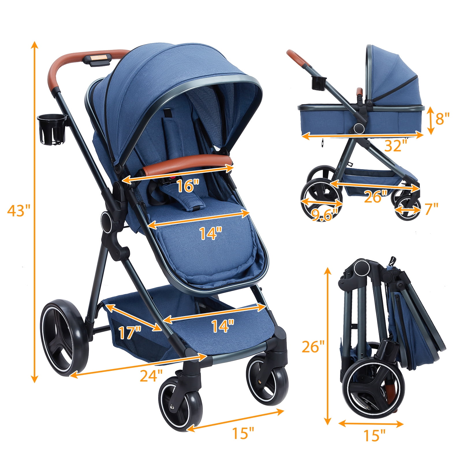2-in-1 Bassinet Stroller, Lightweight Foldable Baby Stroller with Reversible Seat, Adjustable Canopy & All-Terrain Wheels for Newborns 0-3 Years